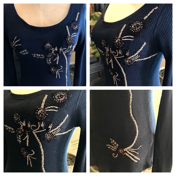 Lucky Brand hand beaded waffle knit thermal top - Picture 2 of 8